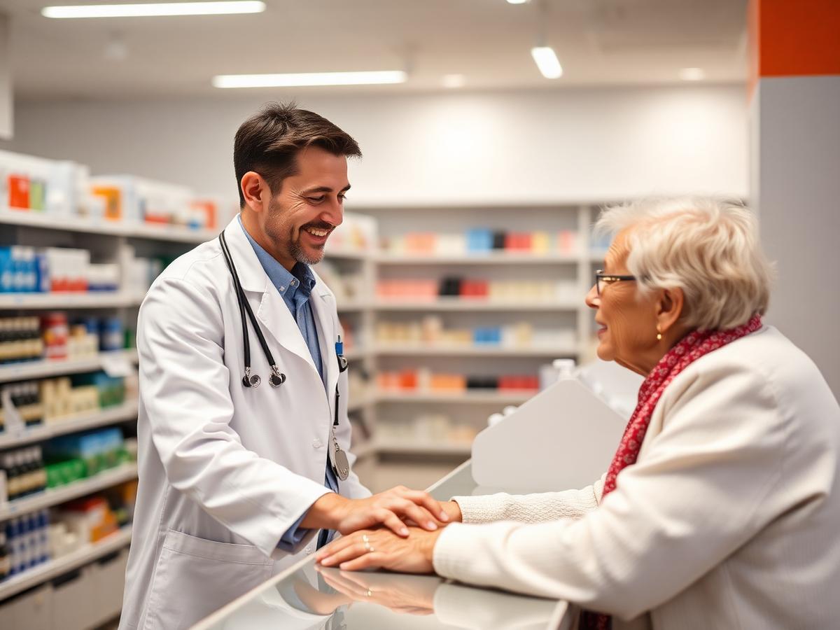 Farmacêutico atendendo cliente com cuidado e atenção